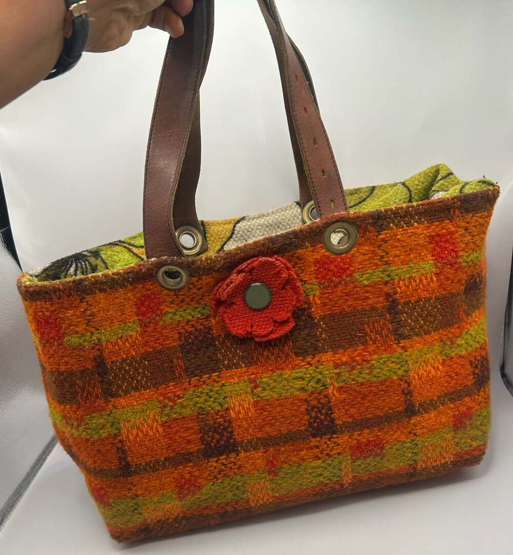 Reversible Felted Wool Tote Bag Floral and Plaid